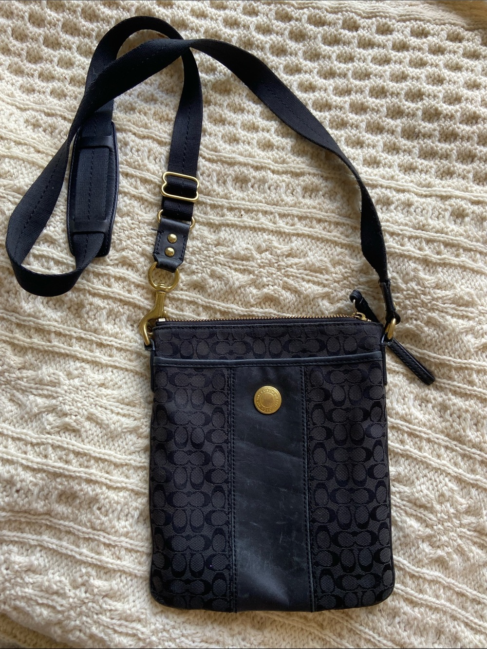 Coach Black and Brass Signature Canvas and Leather Crossbody Pouchette Bag